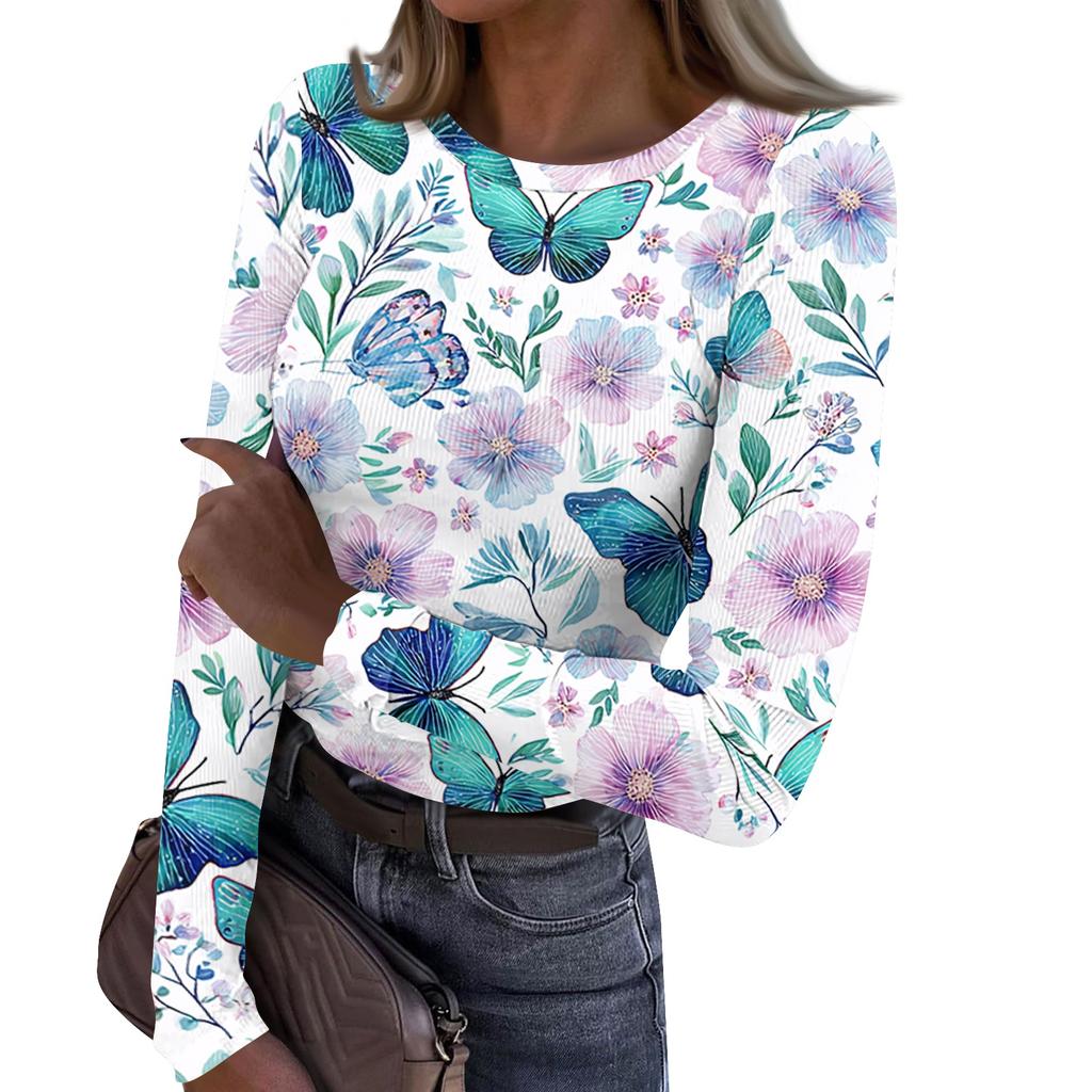 Women’s Casual Long Sleeve Crew Neck Top with Floral Print Ribbed Texture Lightweight Pullover Blouse for Everyday Wear