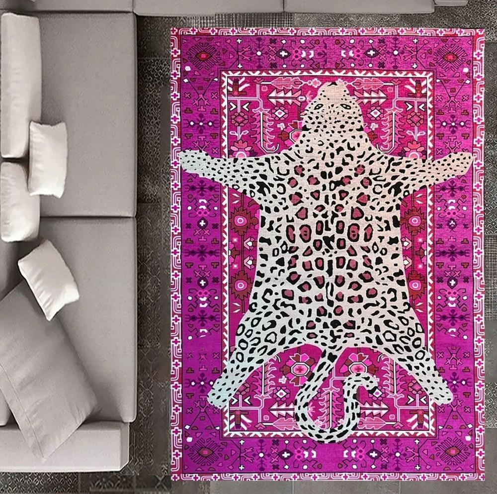 Leopard Pattern Rug Red Animal Print Rug for Living Room and Offices Washable Carpet Living Room Bedroom Decor Rug Anti-Slip Mat