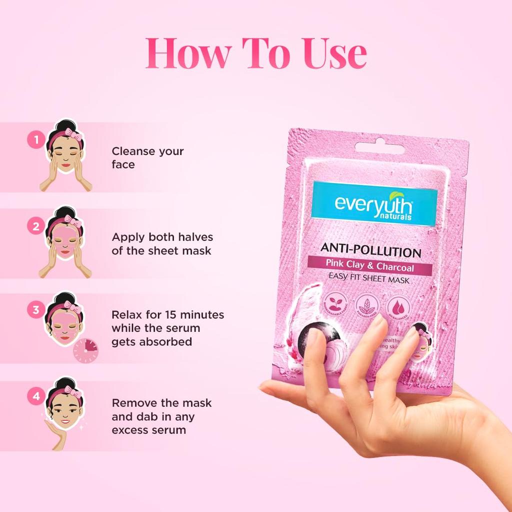 Everyuth Naturals Anti Pollution Pink Clay Charcoal Sheet Mask Pack Of 3 25ml Refreshing Detox Glow Biodegradable Face Mask For Radiant Skin