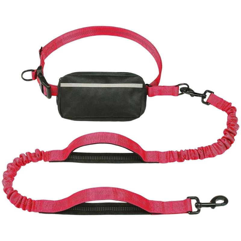 Heavy Duty Nylon Dog Leashes with Elastic Rope Waist Belt Bag and Safety Reflective Design for Breeds Walking