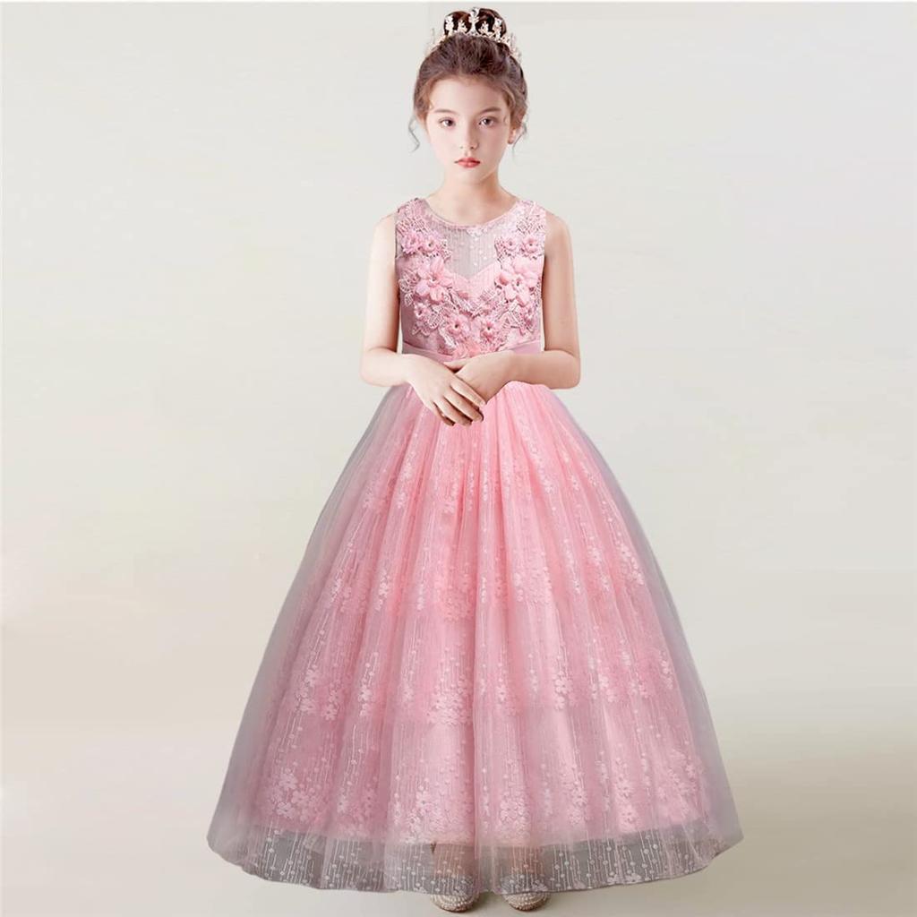 VIISEN Piano Recital Long Dress for Floral and Lace Elegant Formal Dress for Children's Dress, Sleeveless, Girls, Juniors, Design, Concerts, Weddings,