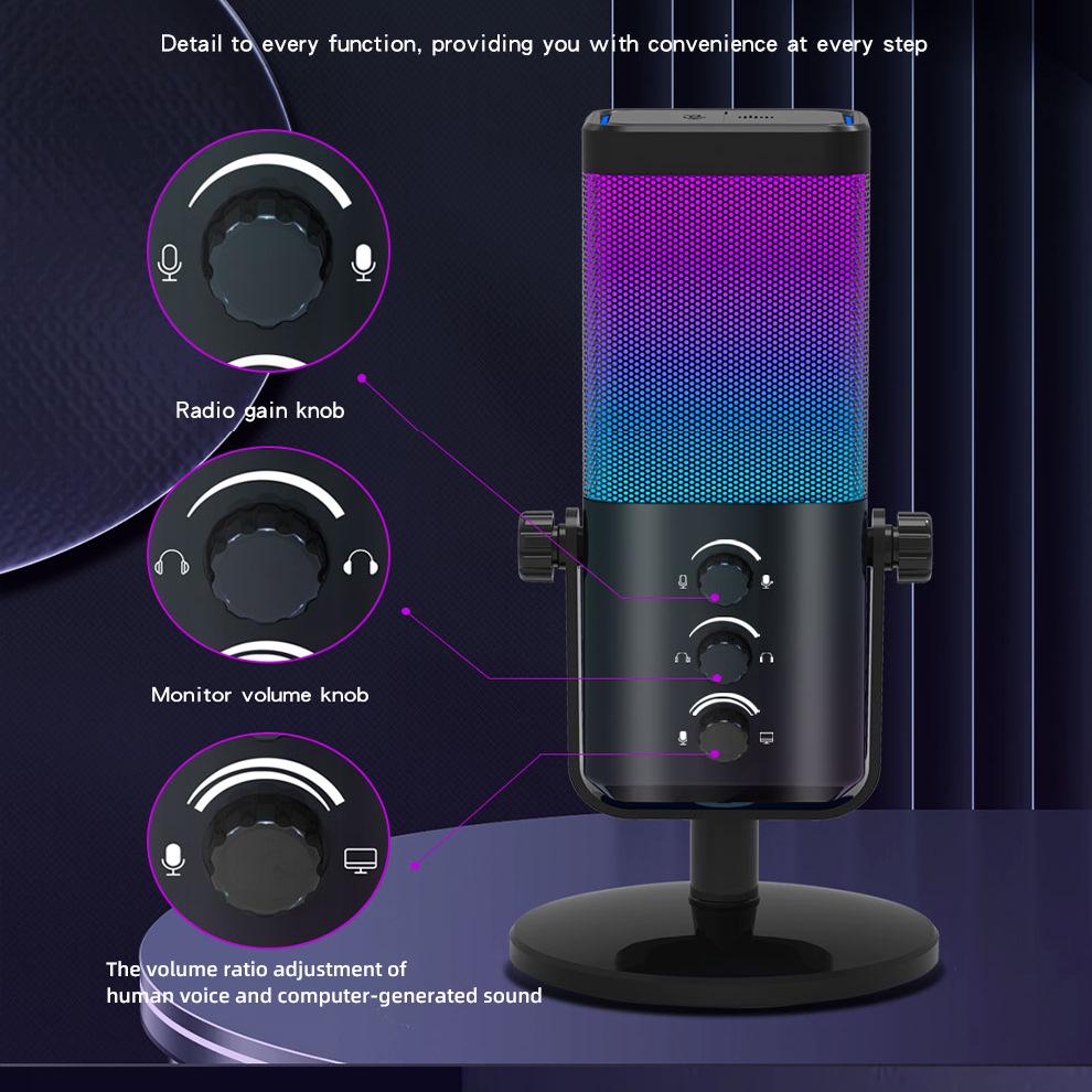 מיקרופון גיימינג RGB עם צ'אט קולי, הפחתת רעשים וכרטיס קול לסטרימינג