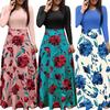 Women O Neck Long Short Sleeve Floral Print Large Hem Waist Tight Maxi Dress