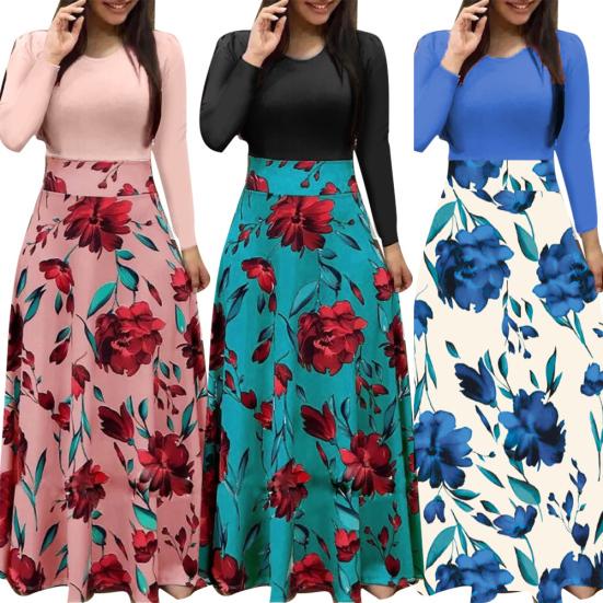 Damen O-Ausschnitt Lang Kurzarm Blumenmuster Großer Saum Tailleneng Maxi-Kleid