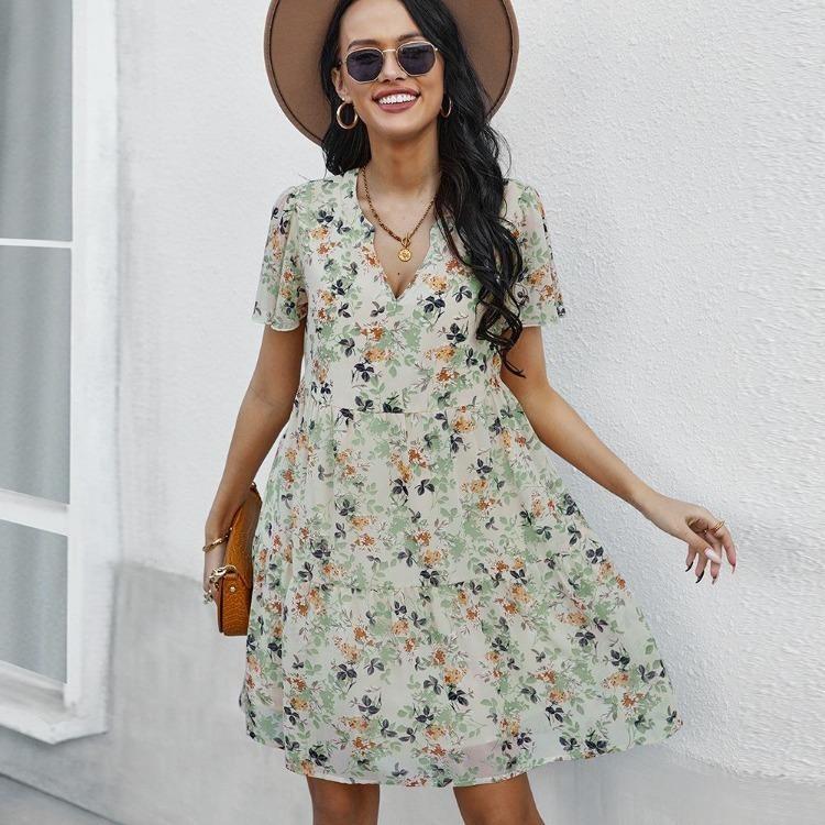 Women Summer Floral Chiffon Dress V Neck Short Sleeve Casual Spring Outfit