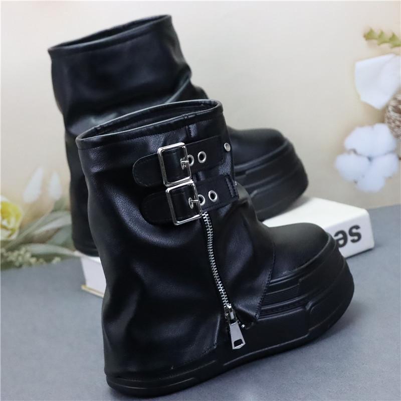 Scarpe alla Moda per Donna Nuovi Stivali al Polpaccio Piattaforma Alta 12CM Stivali Moderni Fibbia Cinturino Scarpe Punk Zip Femminile Stivali da Motociclista in Pelle