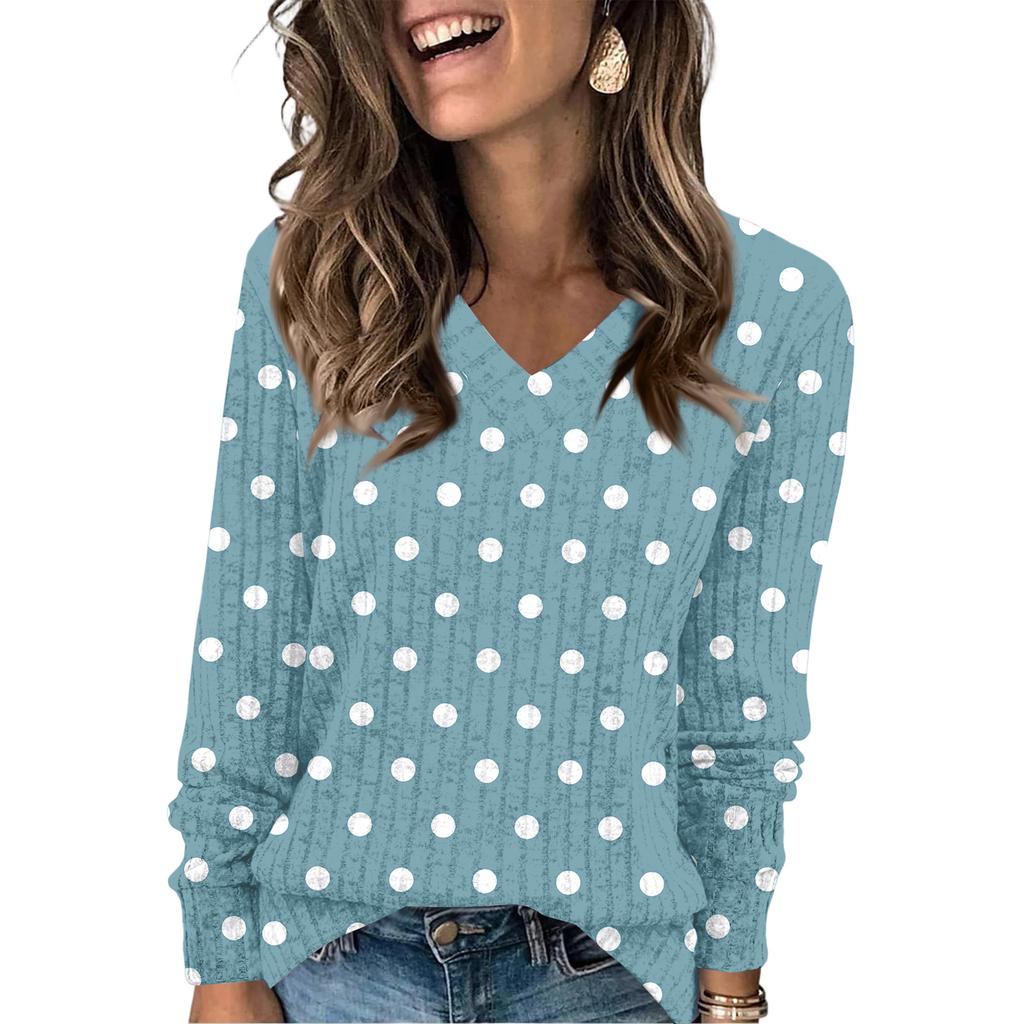 Women's Fashionable Oversized V-Neck T-Shirt With Polka Dot Print Long-Sleeved Pullover Top