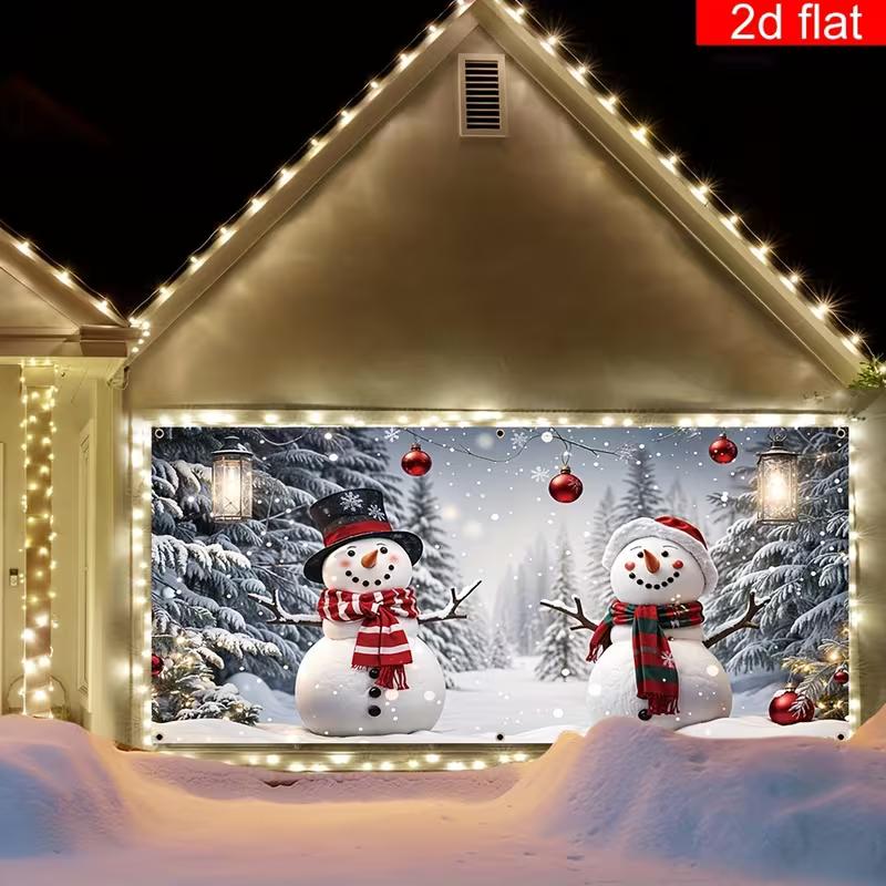 2D Christmas Snowman Garage Door Tapestry, Winter Forest & Snowy Background