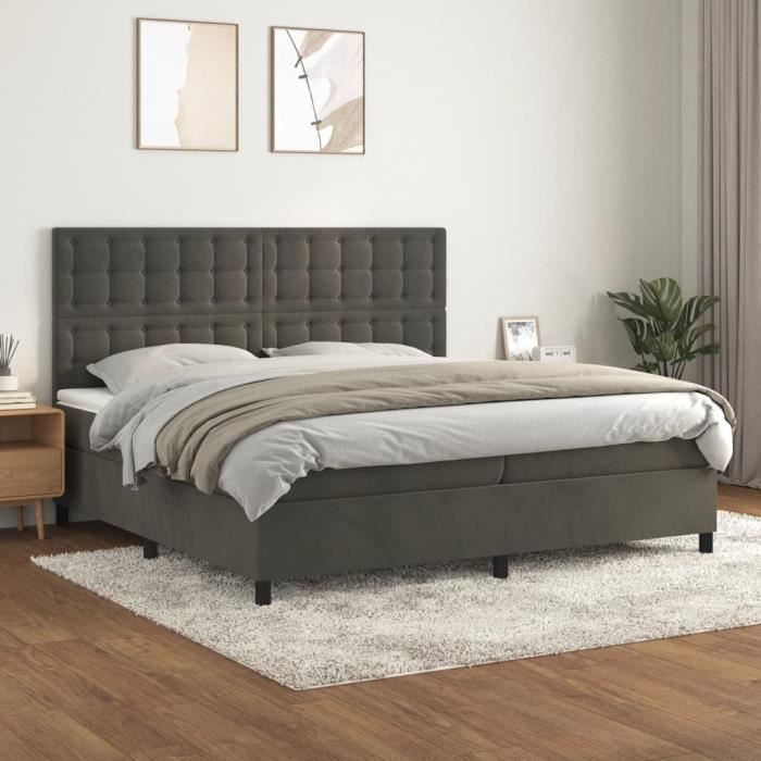 3143284 vidaXL Lit à sommier tapissier et matelas Gris foncé 200x200cm Velours