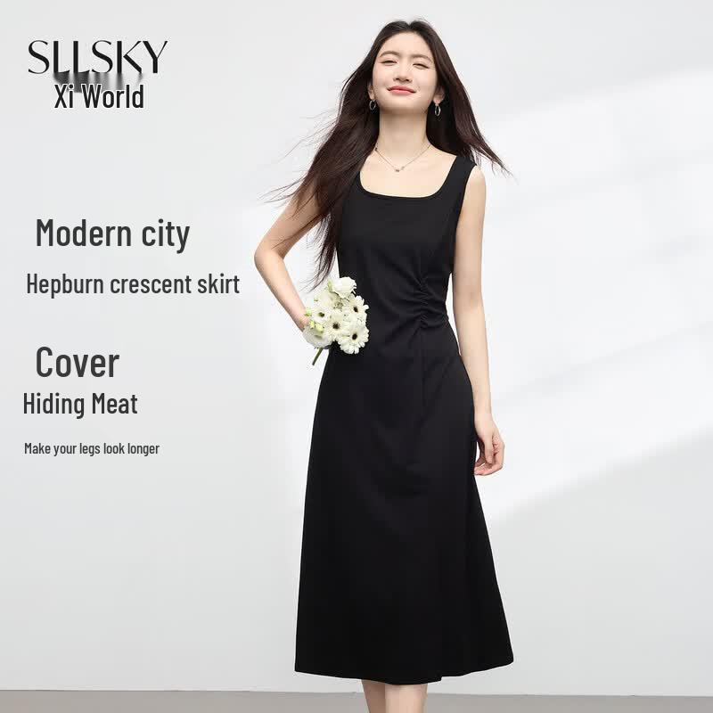 Elegant Hepburn Style Black Midi Dress XL