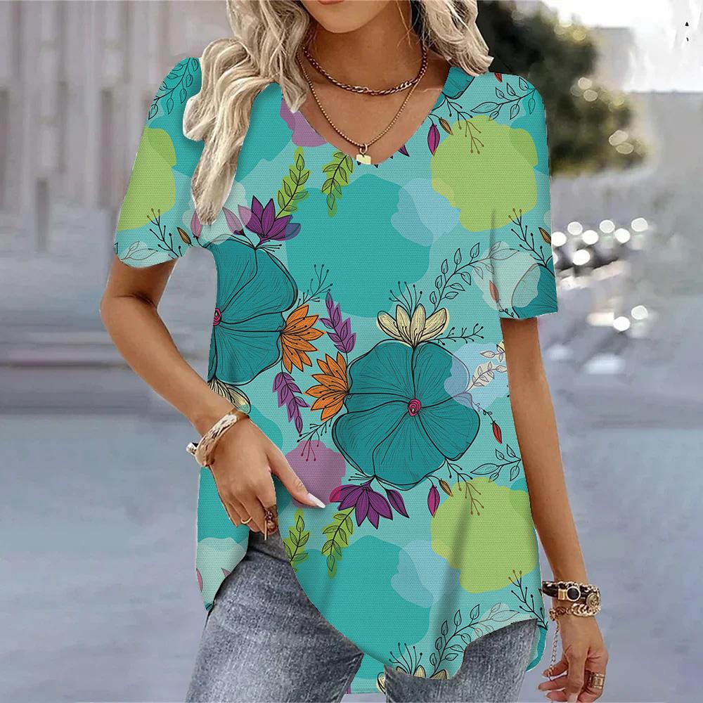 

Модные женские блузки с V-образным вырезом и короткими рукавами с 3D-принтом в виде листьев растений, графические женские футболки 5XL