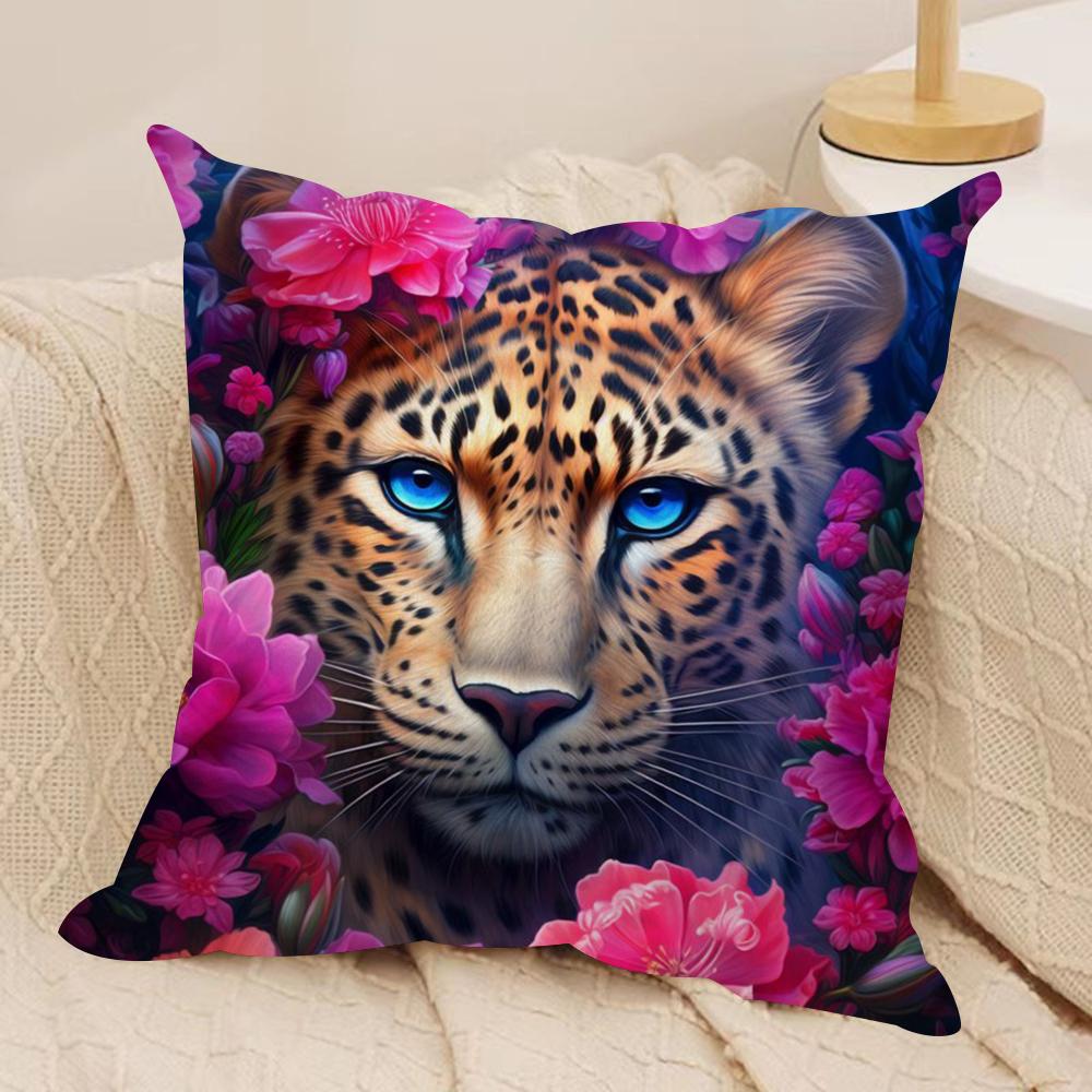 Uropean Fashion Leopard With Wreath Animal Portrait Cushion Cover Soft Plush Throw Pillow Cover  Cushion Case  Sofa Home Decor