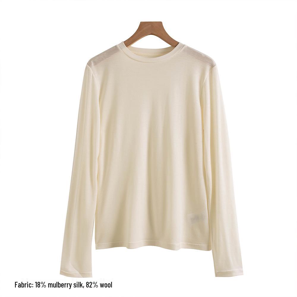 2025 Autumn Slimming Round Neck Silk Wool T-Shirt - Warm, Skin-Friendly, Solid Color