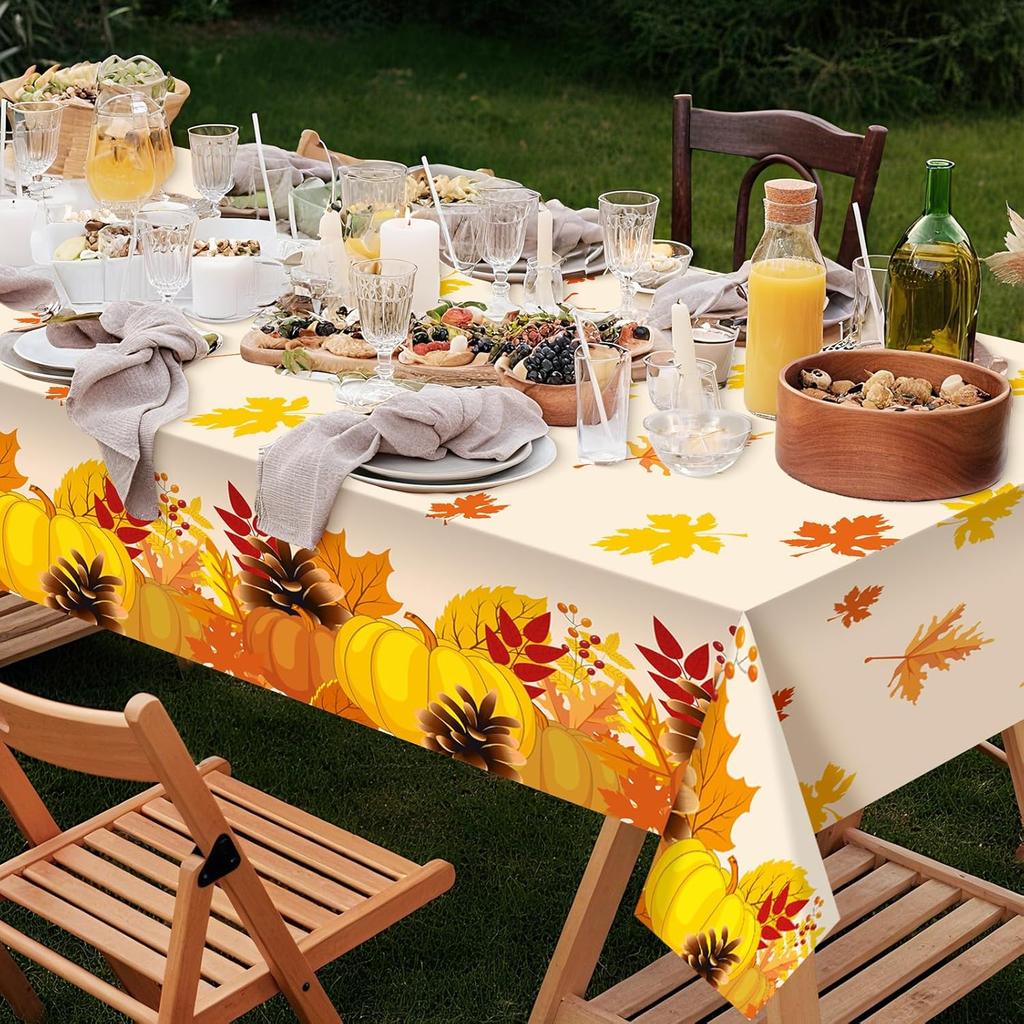 Thanksgiving Fall Disposable Tablecloth, 2 Pack Rectangle Fall Pumpkin Tablecloth Thanksgiving Table Covers Plastic for Fall Theme Harvest Party