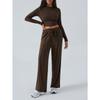 Women Long Sleeve Top Solid Drawstring Wide Leg Casual Pants Two Piece Set