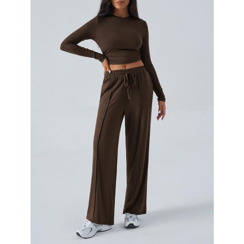 Women Long Sleeve Top Solid Drawstring Wide Leg Casual Pants Two Piece Set