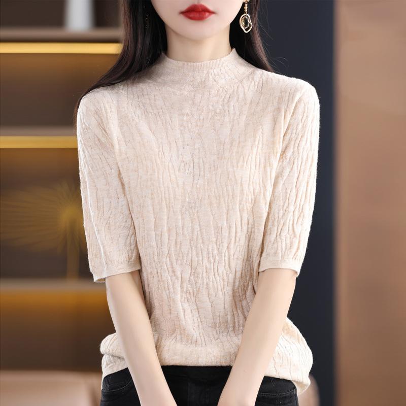 

DAFIFY Жіночі модні повсякденні літні весняні одноколірні блузки та сорочки з коротким рукавом і напівводолазкою. XXL бежевий