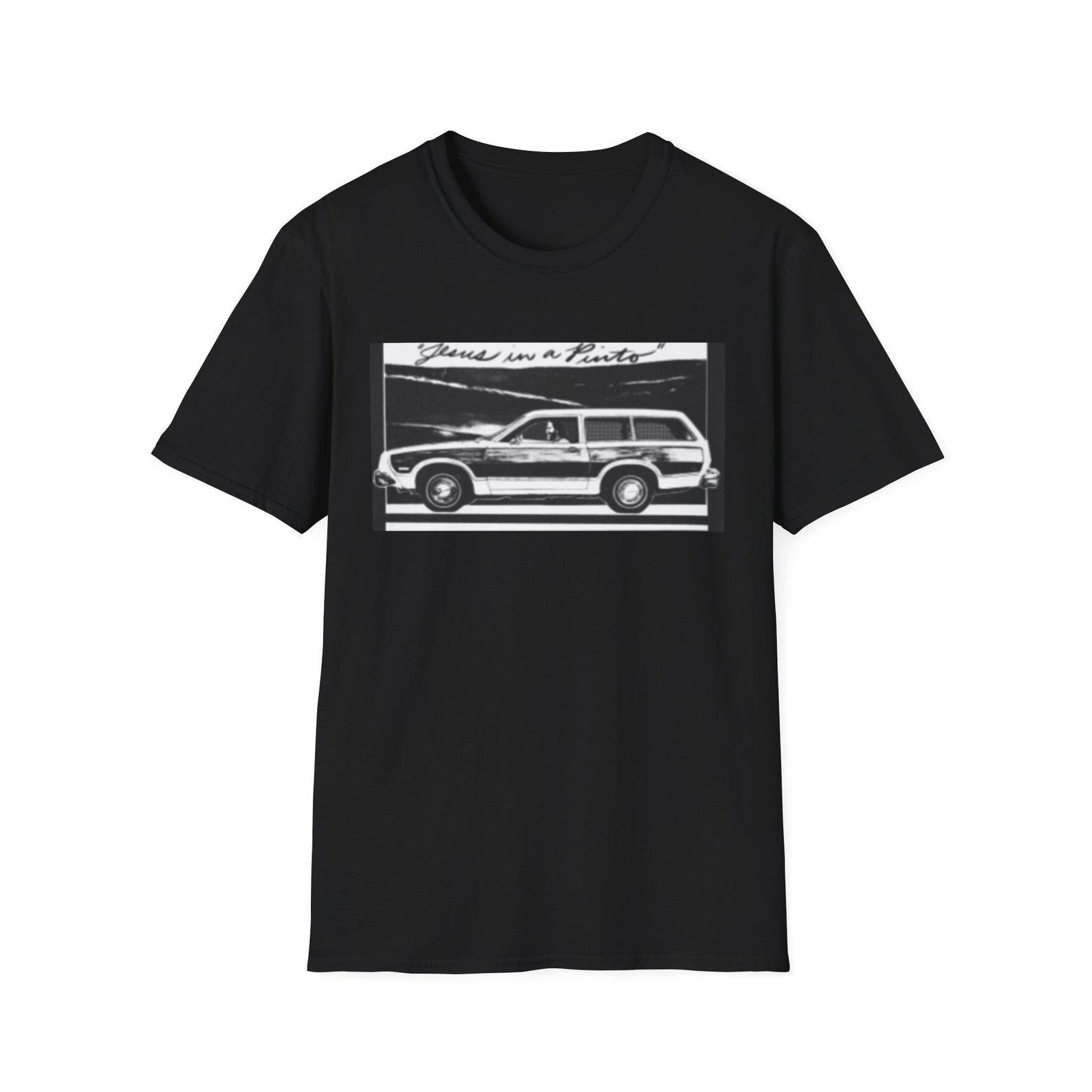 Jesus in a pinto Vintage Station Wagon Illustration T-Shirt | Retro Car Graphic S