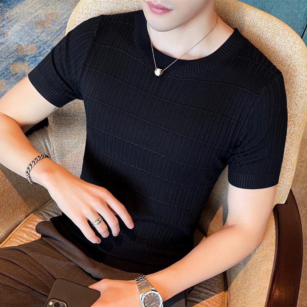 Men's Short-Sleeve Wool Knit Sweater - Spring/Autumn Trendy Lightweight Base Layer Top