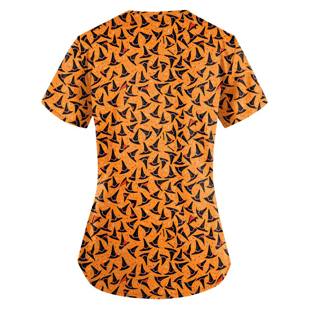Women's Halloween Printed Loose V-Neck Pocket Short SleevUniform Uniform