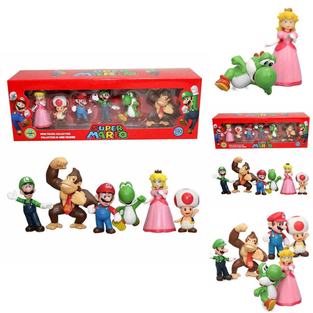 Six Piece Super Mario Bros Action Figure Toys Set Featuring Luigi Yoshi And Mushroom Collectibles For Kids