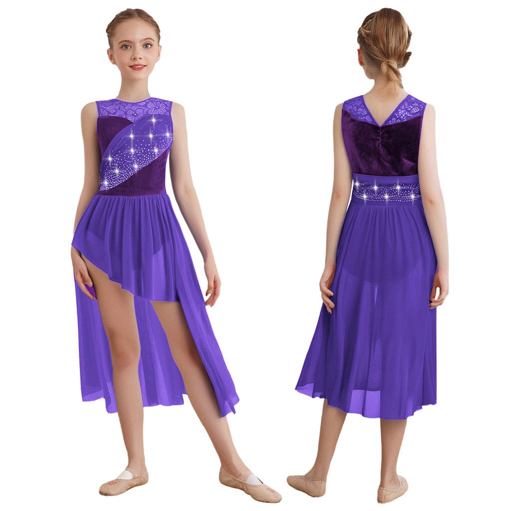 Lyrisches Tanzkleid für Mädchen: Funkelnde Strasssteine auf Spitzen-Patchwork & Raffinierte Netz-Überlagerung mit elegantem asymmetrischem Saum