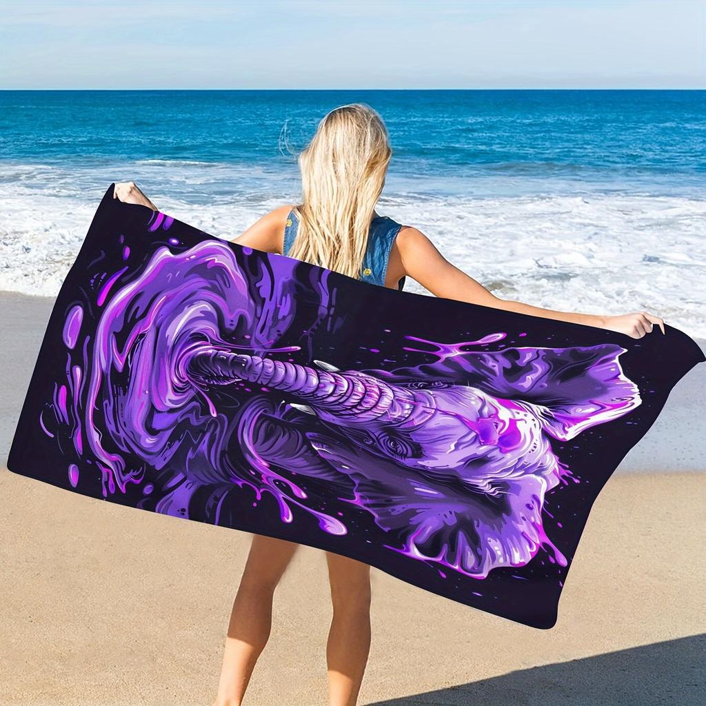 Cool Purple Elephant Head Beach Towel 3D Printed Animal Pattern Microfiber Bath Towel Soft Beach Mat for Pool Ocean Travel