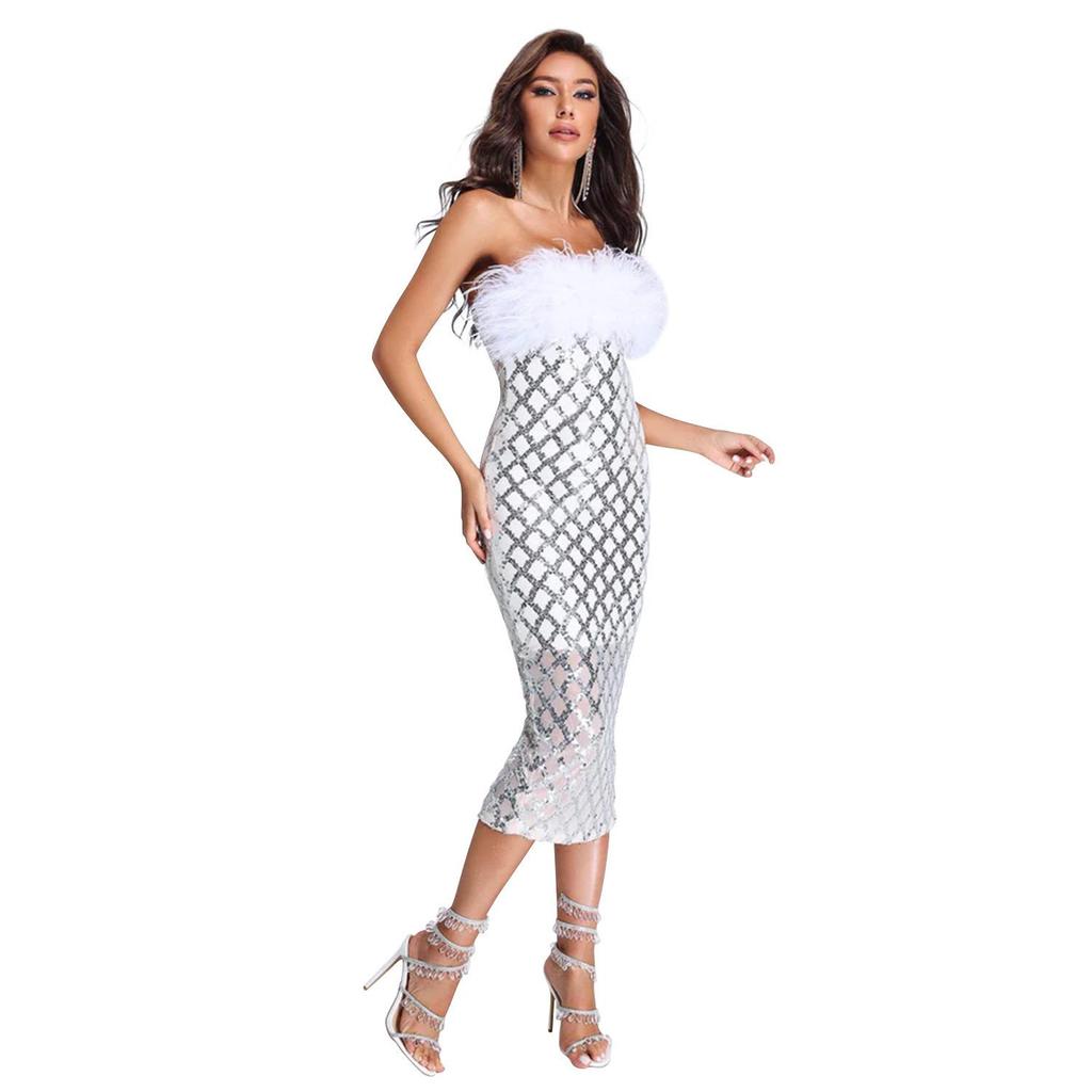 Europe America Fashion Women's Sexy Strapless Sequin Feather Bandage Dress