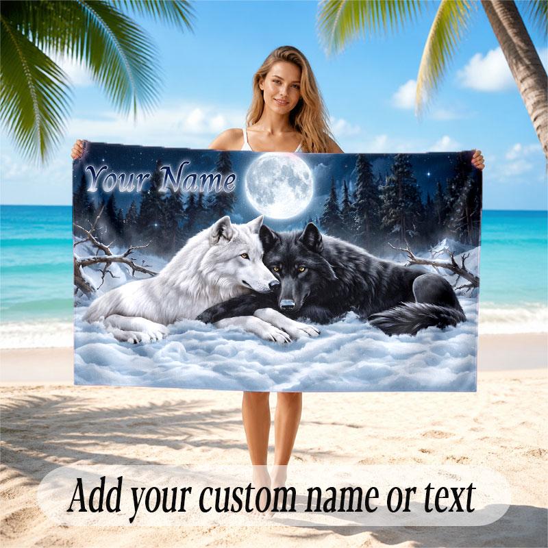 Wolf Theme Beach Towel Personalized Custom Name & Text Soft Quick Dry Beach Towel for Swimming Travel