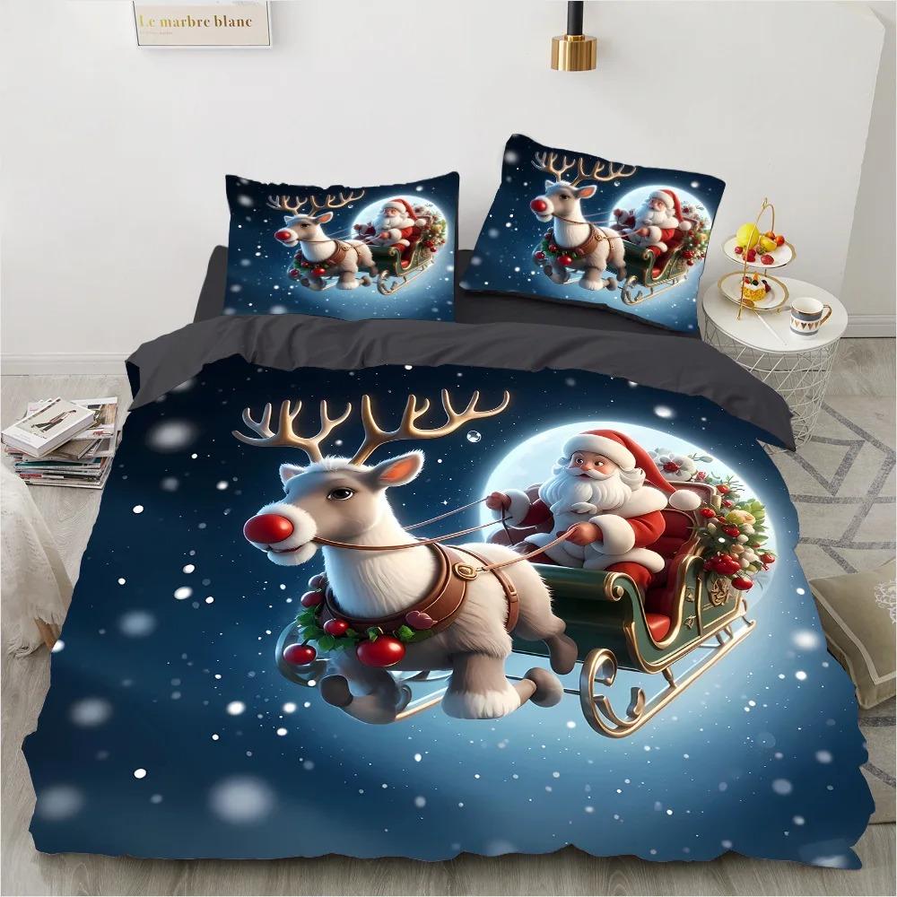 3D Christmas Santa Reindeer Print Duvet Cover Set, Soft Microfiber Winter Holiday Bedding Set With Pillowcases
