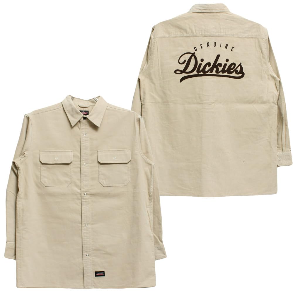 GENUINE DICKIES Men's Corduroy Shirt, Plus Size, Back Logo Embroidered Print, Long Sleeve, Work Shirt, Size 5L, Beige (18)
