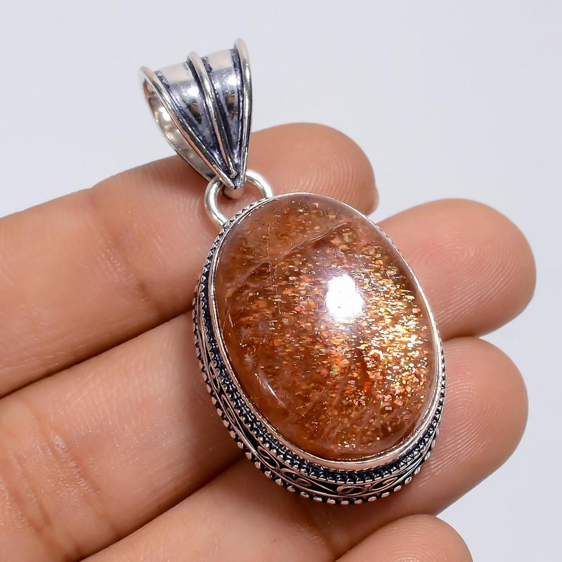 

Exclusive Top Grade Qualite 100% Natural Sunstone Oval Shape Vintage Style Handmade Jewelry 925 Steling Silver Plated Pendant 1.7 WSJ-4850 1.7