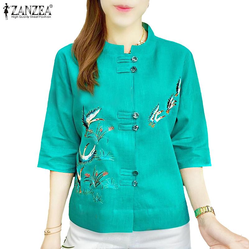 

ZANZEA Women Casual Stand Collar Summer 3/4 Sleeve Print Blouse S хакі