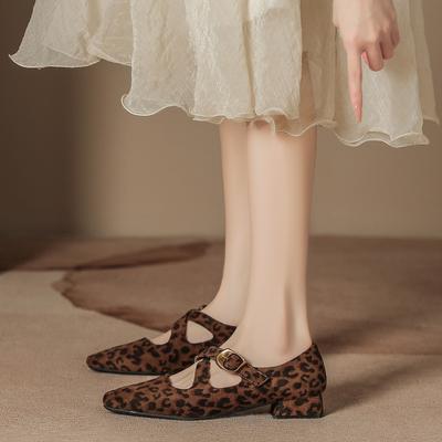 High Sense Low Heel Shoes Light ** Fork Belt Women's Fashion Suede Leopard Print Single Shoes, Square Head Thick Heel Mary Jane Shoes