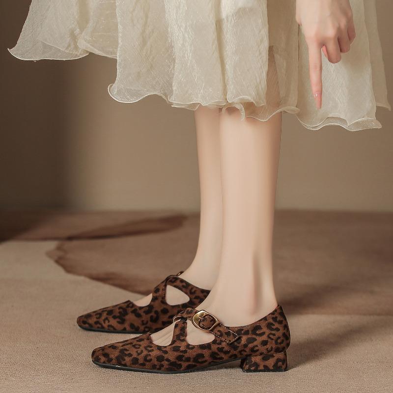 High Sense Low Heel Shoes Light ** Fork Belt Women's Fashion Suede Leopard Print Single Shoes, Square Head Thick Heel Mary Jane Shoes