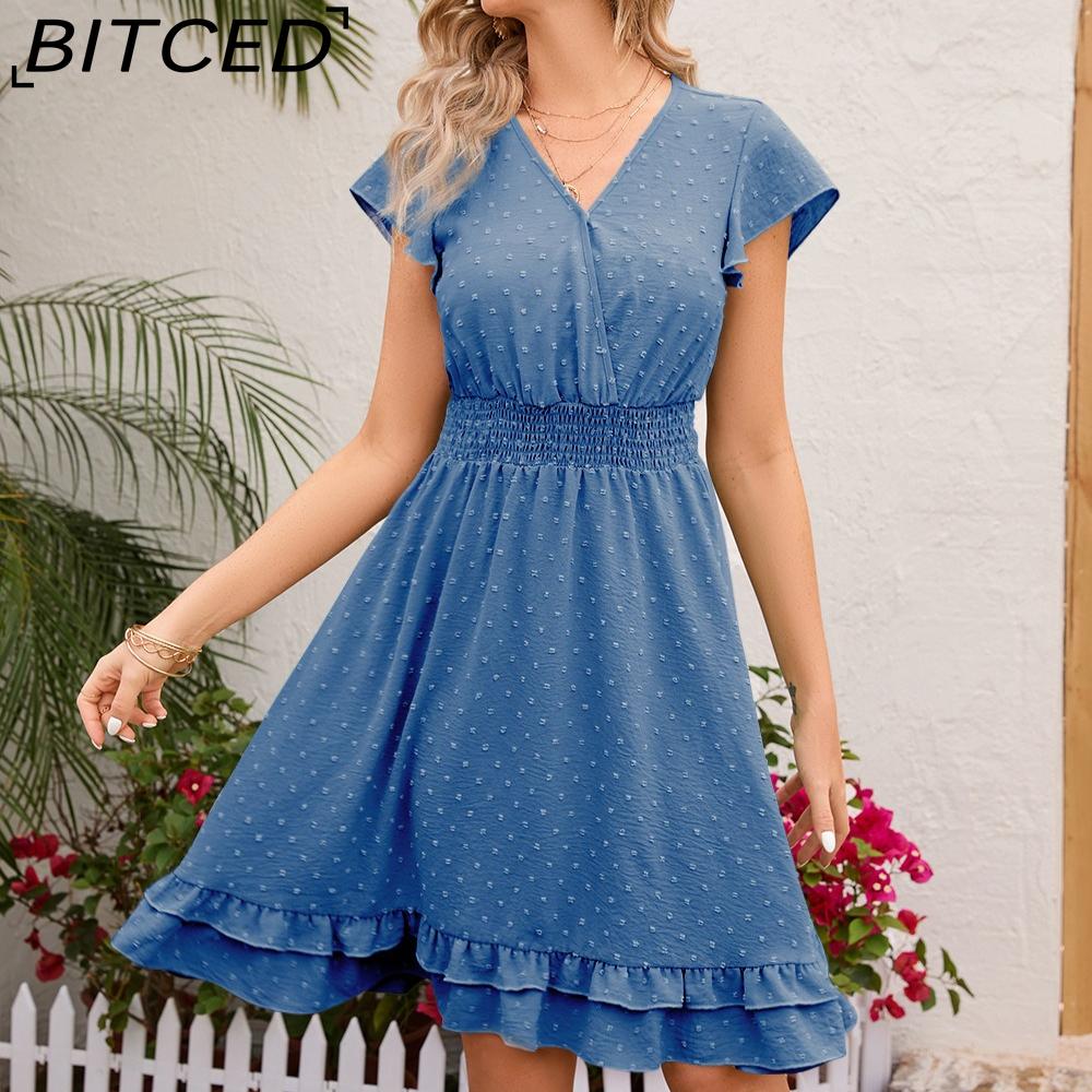 BITCED Women's Spring/Summer Waist-Defining V-Neck Dress Vacation Casual Short-Sleeve Slimming Dress
