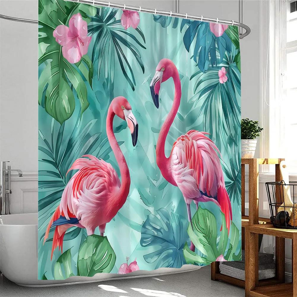 Tropical Pink Flamingo Shower Curtains Watercolor Flamingos Green Leafves Plant Polyester Fabric Bath Curtain Bathroom Decor Set