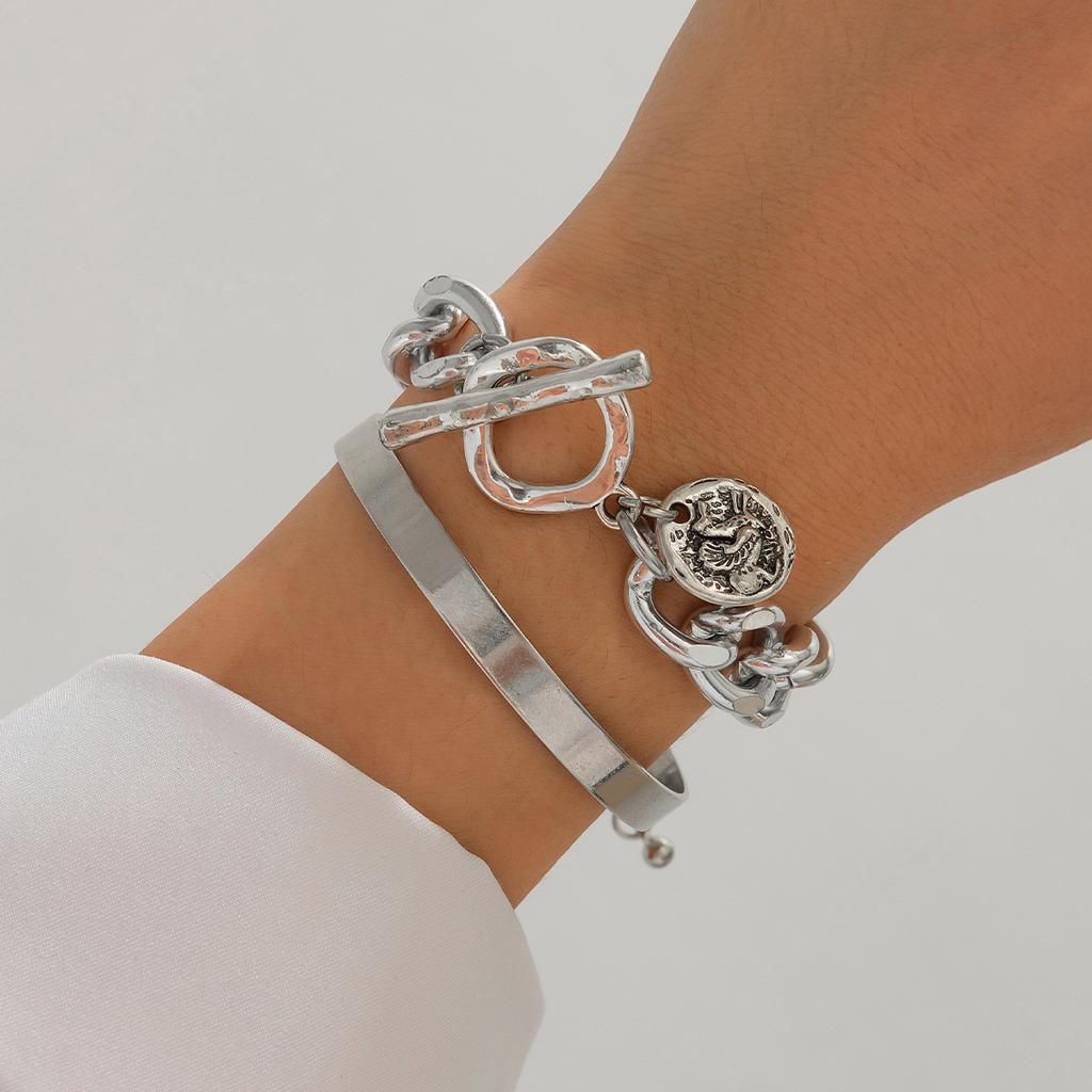 Vintage Irregular Double Ring Hollow Spring Open Bracelet Punk Wind Round Bead Pendant Stacked Bracelet