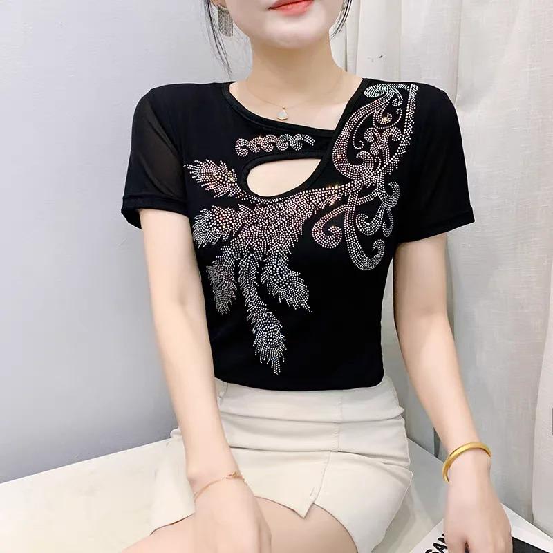 Summer Women's Short Sleeved T-Shirt Fashion Sexy Hollow Out Luxury Hot Diamonds Flower Tees Casual Brand Tops