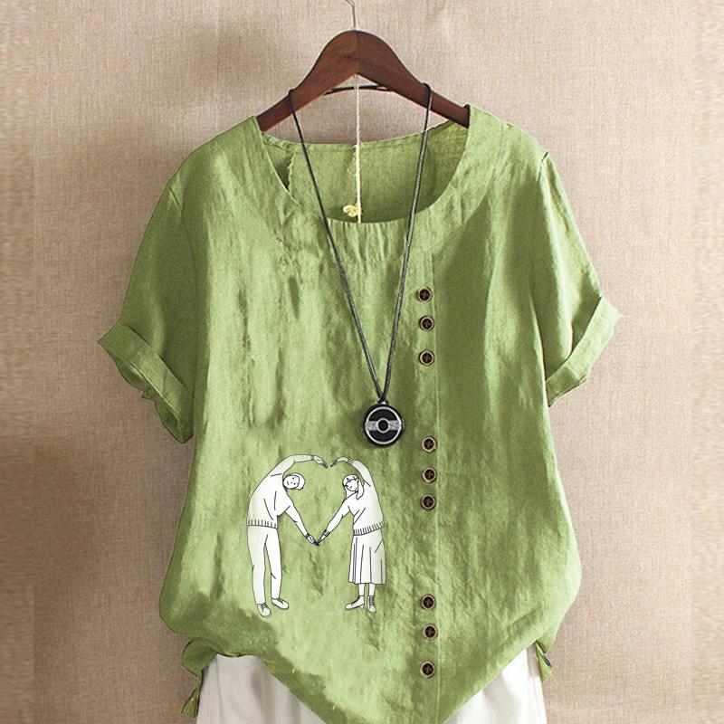 

Женская модная футболка с круглым вырезом и коротким рукавом, повседневная хлопковая льняная рубашка с графическим принтом, свободная летняя блузка с принтом в виде сердца, топы 5XL зелёный