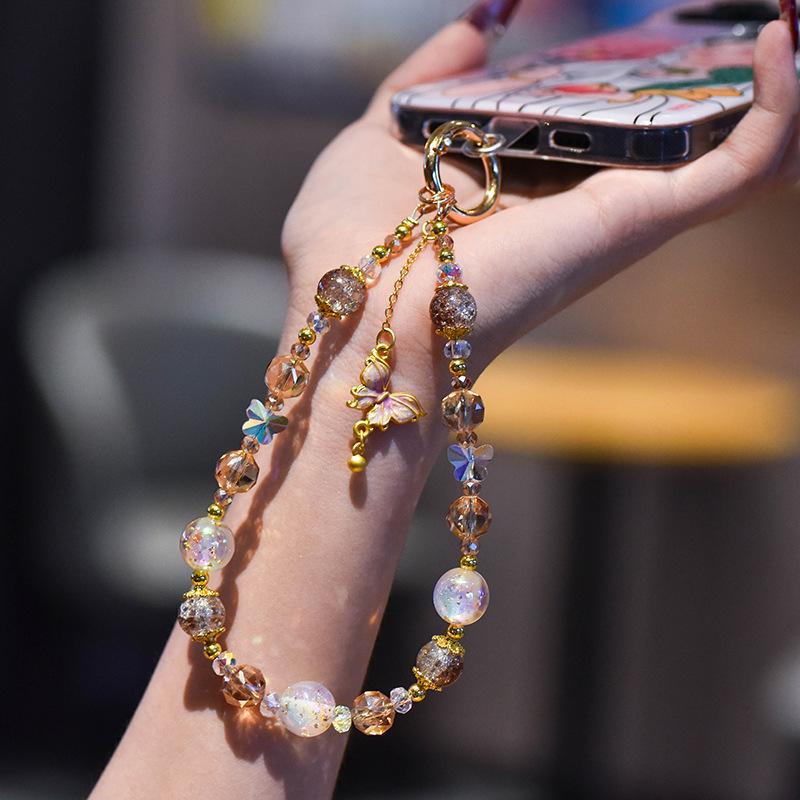 Light luxury crystal mobile phone chain fashion butterfly pendant mobile phone lanyard gold foil handmade beaded short wrist lanyard