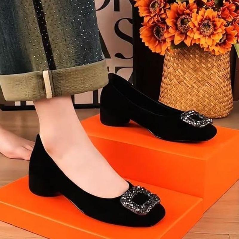 

Rhinestone square buckle single shoes women s spring and summer new temperament round head medium heel thick heel light mouth ladyshoes 41 чорний