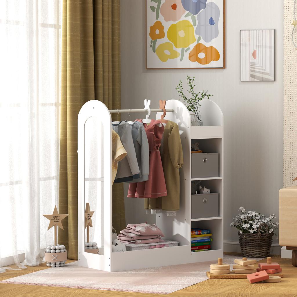 Kids Clothes Rail with Storage Shelf, Boxes, Mirror for Bedroom, Nursery, White