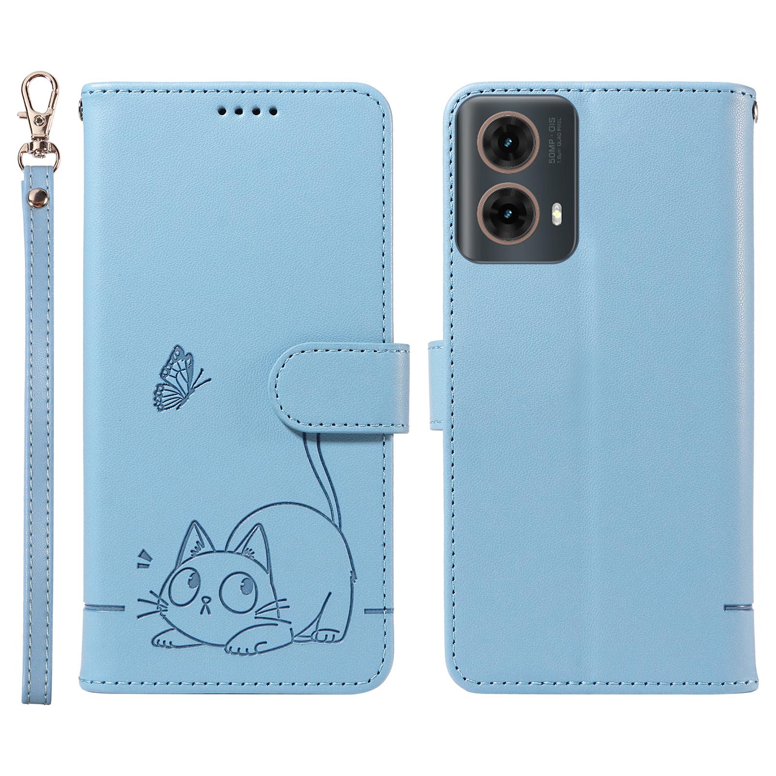 

Для Motorola Edge 50 Fusion 5G Чохол-гаманець Шкіряний чохол для телефону з тисненням у вигляді кота з ремінцем на зап ястя Sky Blue