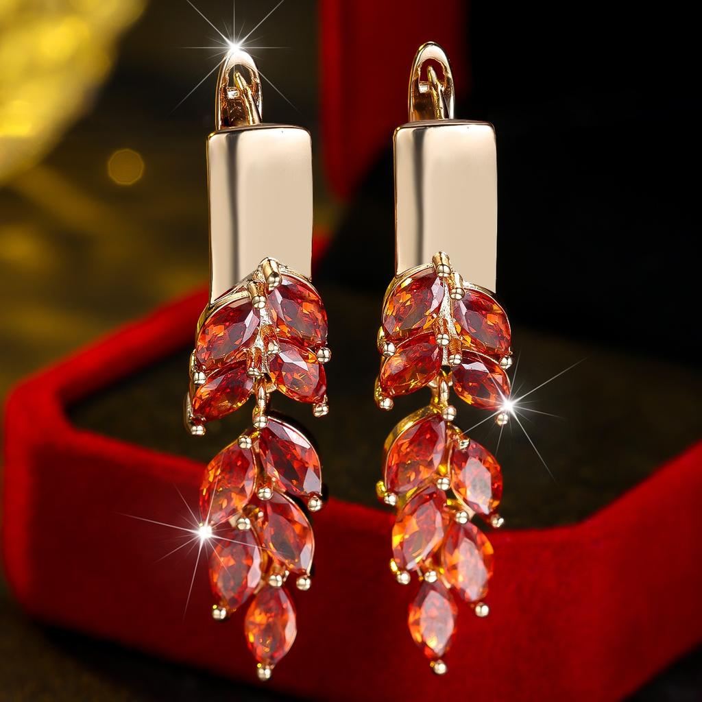Crystal Red Zircon Stone Leaf Hoop Earrings For Women Vintage Gold Color Wedding Jewelry