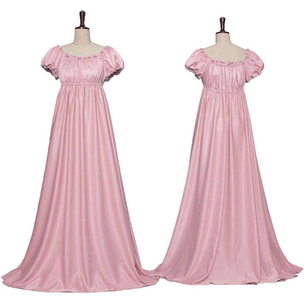 Women Long Maxi Dress Round Neck Ruched Puff Sleeve Waist Elegant Swing Gown Vintage Style Floor Length Dress for Special Occasions