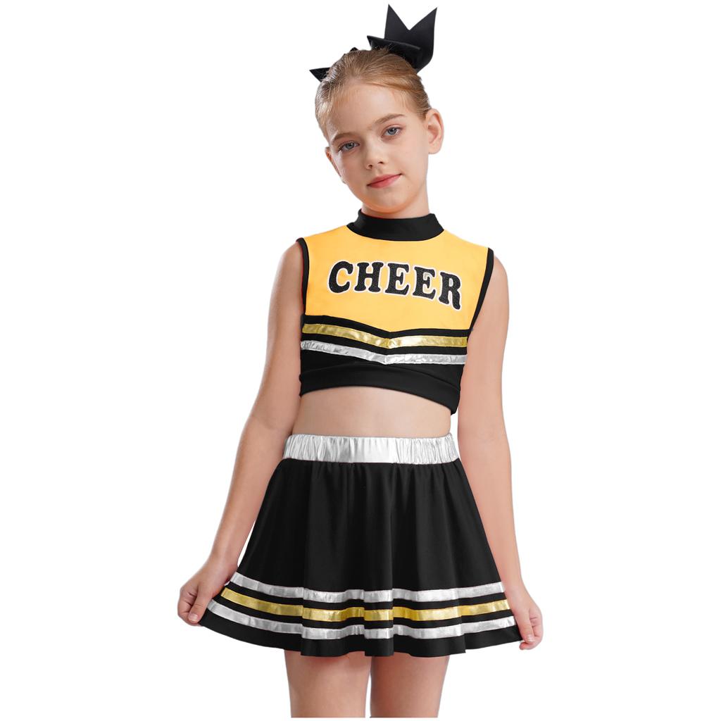 Dziewczęcy crop top bez rękawów z golfem i nadrukiem liter, elastyczny pas, spódnica w paski, zestaw do cheerleadingu i tańca