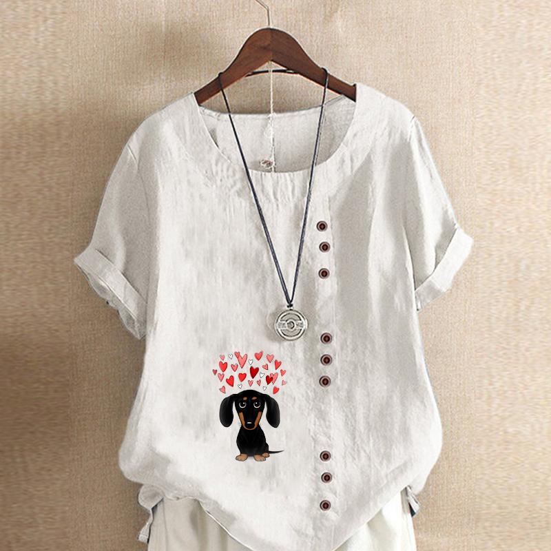 Women's Fashion Love Dog Prined Round Neck Short Sleeve T-shirt Casual Cotton Linen Graphic Shirt Leisure Loose Summer Blouse Tops