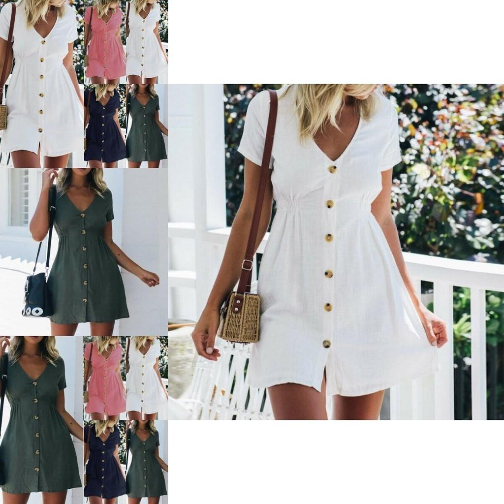 Stylish Women Button Down V Neck Mini Tea Dress In Soft Comfortable Fabric Perfect For Summer Days