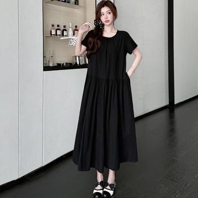 DIMANAF 2026 Estate Nuova Taglie Forti Donna Elegante Stile Francese Scollo Rotondo Manica Corta Cotone Maxi Abito Lungo Nero